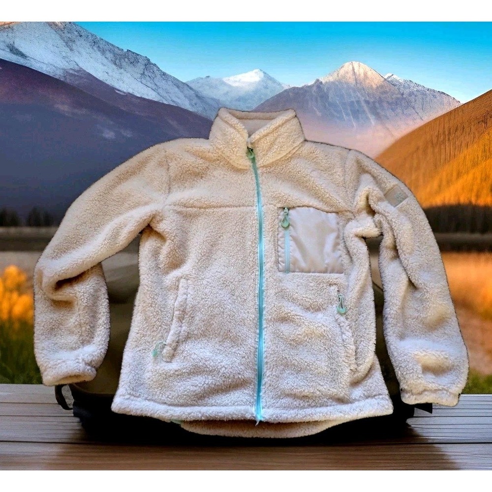 Roxy Sherpa Fleece Jacket Womens XS 6 Cream Excellent Full Zip Mint Trim Teddy